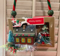 Vintage Christmas Ornaments Box with Cute Ceramic House and More Cheer