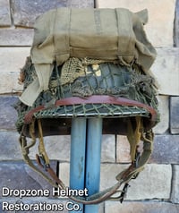 Image 5 of WWII M2 101st Airborne Helmet 502nd PIR D-bale Front Seam Paratrooper liner. Net, Scrim & Aid Kit. 