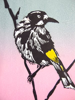 Image of Original linocut of the Australian New Holland Honeyeater (5 left)