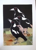 Original Linocut and Collage print 'Trio of Magpies"