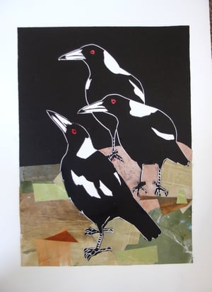 Image of Original Linocut and Collage print 'Trio of Magpies"