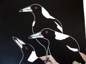 Image of Original Linocut and Collage print 'Trio of Magpies"