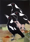 Original Linocut and Collage print 'Trio of Magpies"