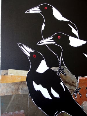 Image of Original Linocut and Collage print 'Trio of Magpies", #2