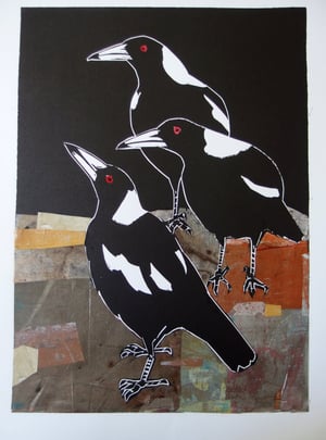 Image of Original Linocut and Collage print 'Trio of Magpies", #2