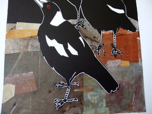 Image of Original Linocut and Collage print 'Trio of Magpies", #2
