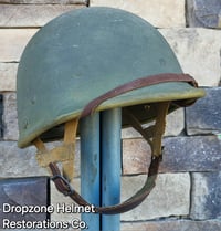 Image 13 of WWII M2 Dbale Front Seam PATHFINDER helmet and Replica Airborne Hawley rayon liner. Drawstring Net.