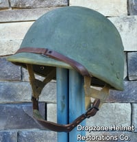 Image 11 of WWII M2 Dbale Front Seam PATHFINDER helmet and Replica Airborne Hawley rayon liner. Drawstring Net.