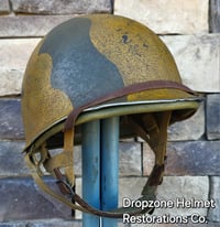 Image 7 of WWII M2 Dbale Front Seam PATHFINDER helmet and Replica Airborne Hawley rayon liner. Drawstring Net.