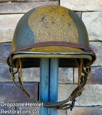 Image 10 of WWII M2 Dbale Front Seam PATHFINDER helmet and Replica Airborne Hawley rayon liner. Drawstring Net.