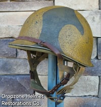 Image 9 of WWII M2 Dbale Front Seam PATHFINDER helmet and Replica Airborne Hawley rayon liner. Drawstring Net.