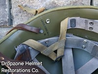 Image 15 of WWII M2 Dbale Front Seam PATHFINDER helmet and Replica Airborne Hawley rayon liner. Drawstring Net.