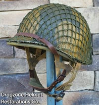 Image 1 of WWII M2 Dbale Front Seam PATHFINDER helmet and Replica Airborne Hawley rayon liner. Drawstring Net.