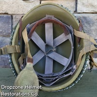 Image 14 of WWII M2 Dbale Front Seam PATHFINDER helmet and Replica Airborne Hawley rayon liner. Drawstring Net.