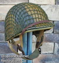 Image 3 of WWII M2 Dbale Front Seam PATHFINDER helmet and Replica Airborne Hawley rayon liner. Drawstring Net.