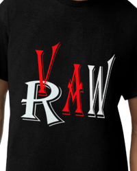 VAW RAW BLACK T-SHIRT WITH FULL RED AND WHITE FRONT PRINT OF VAW RAW