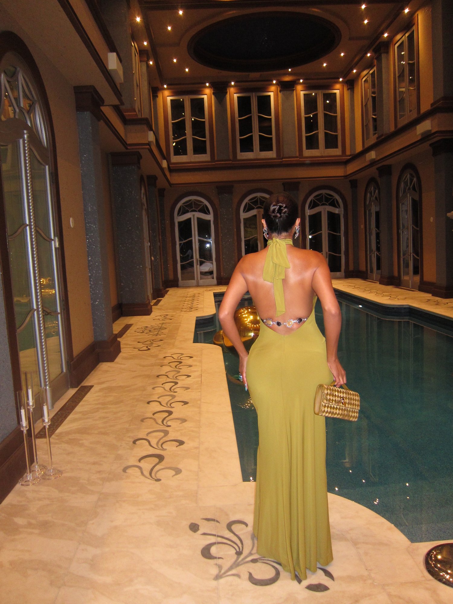 Image of KHAKI LONG OPEN BACK HALTER DRESS (S)