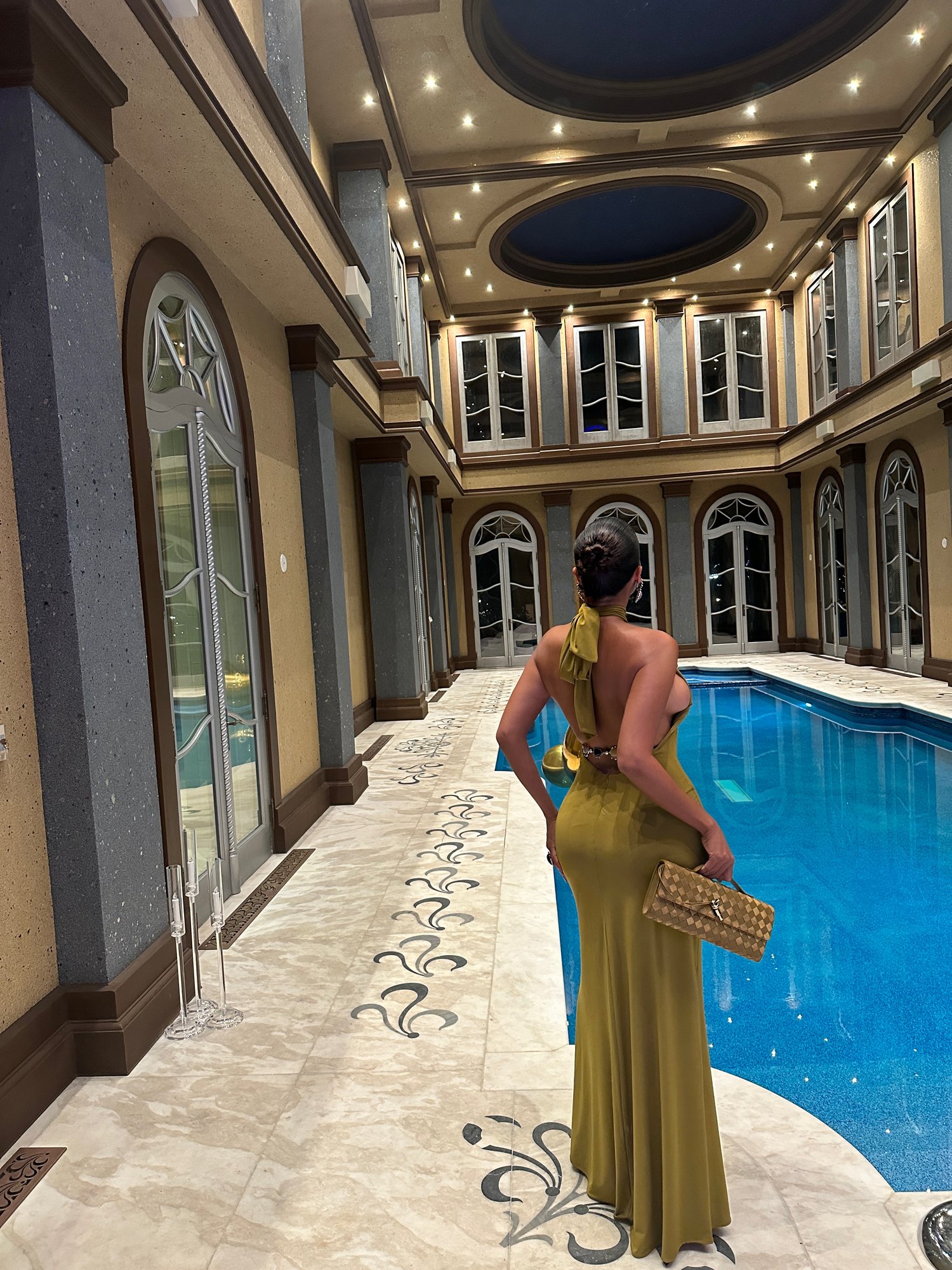 Image of KHAKI LONG OPEN BACK HALTER DRESS (S)