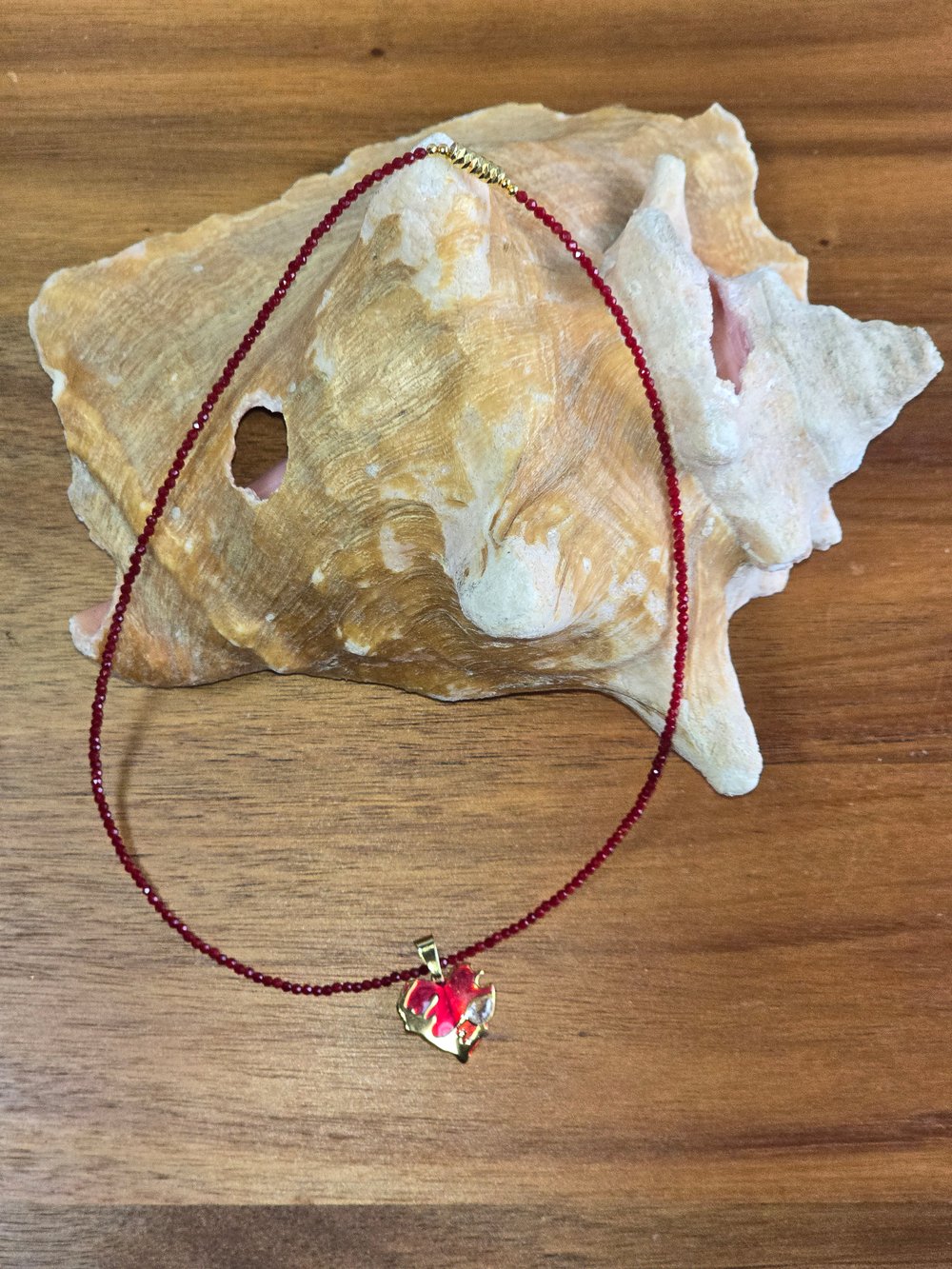 Image of Red glass beads minimalist necklace stainless 18k gold heart pendant