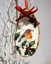 Image 1 of Hanging oyster shell decoration red robin & holly