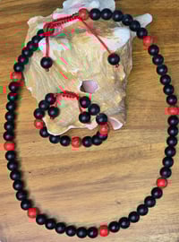 Image 1 of Matte Black Onyx with red turquoise chakra beaded necklace and bracelet set 