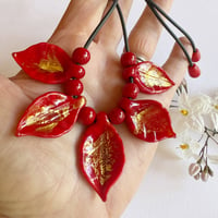 Image 2 of Christmas Necklace - Red/Gold Leaf