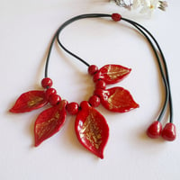 Image 1 of Christmas Necklace - Red/Gold Leaf