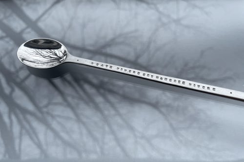 Image of silver long spoon with inscription in Latin