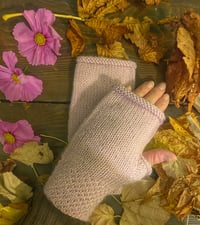 Image 2 of Blush pale pink ladies alpaca fingerless hand knit gloves 