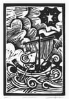 Woodcut print: Tiny Pilgrim