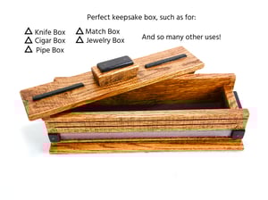 Image of Oak wood Keepsake Box accented with exotic Black Palmm edged with band saw blade, Wood Knife Box