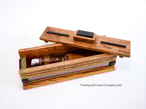Image of Oak wood Keepsake Box accented with exotic Black Palmm edged with band saw blade, Wood Knife Box