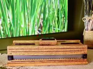 Image of Oak wood Keepsake Box accented with exotic Black Palmm edged with band saw blade, Wood Knife Box