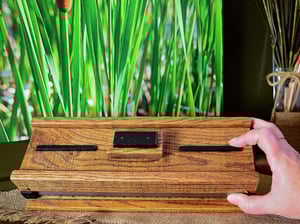 Image of Oak wood Keepsake Box accented with exotic Black Palmm edged with band saw blade, Wood Knife Box