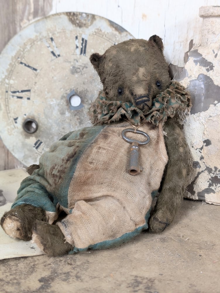 Image of 9"  Old Vintage Carnival Teddy Bear w/ aged handmade romper outfit -by Whendi's Bears