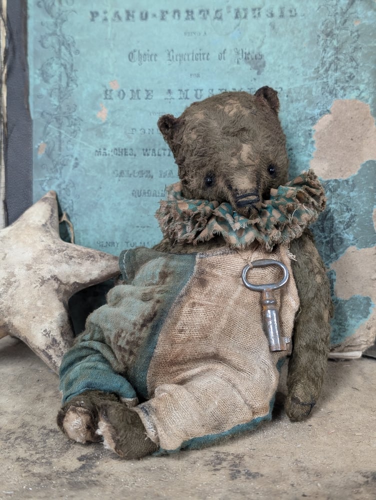 Image of 9"  Old Vintage Carnival Teddy Bear w/ aged handmade romper outfit -by Whendi's Bears