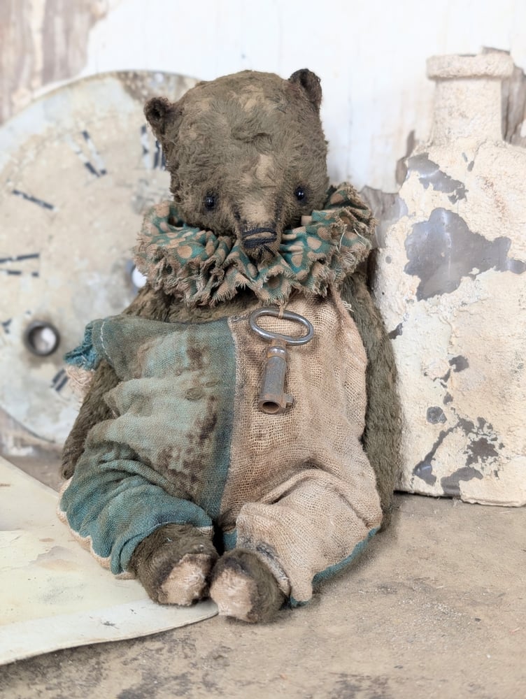 Image of 9"  Old Vintage Carnival Teddy Bear w/ aged handmade romper outfit -by Whendi's Bears