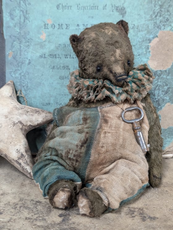 Image of 9"  Old Vintage Carnival Teddy Bear w/ aged handmade romper outfit -by Whendi's Bears