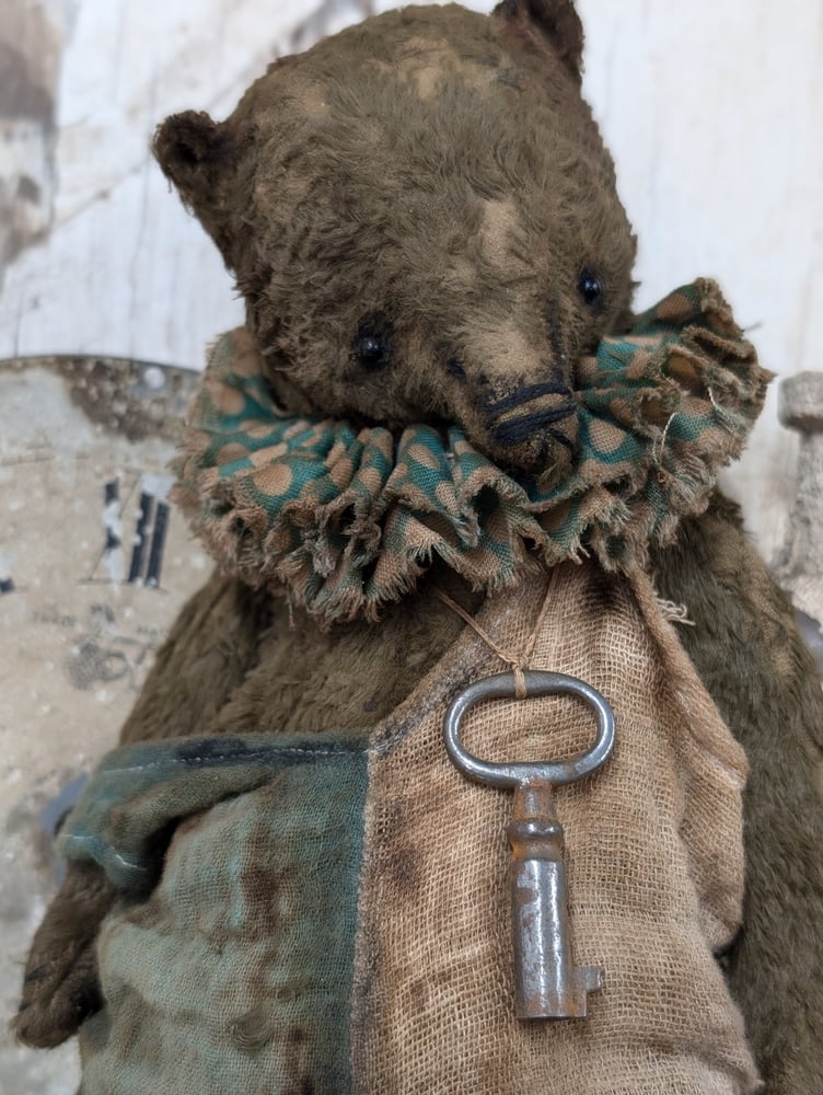 Image of 9"  Old Vintage Carnival Teddy Bear w/ aged handmade romper outfit -by Whendi's Bears