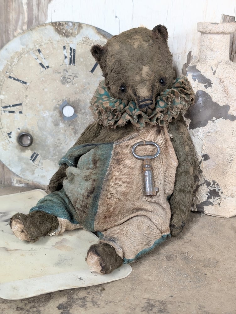 Image of 9"  Old Vintage Carnival Teddy Bear w/ aged handmade romper outfit -by Whendi's Bears