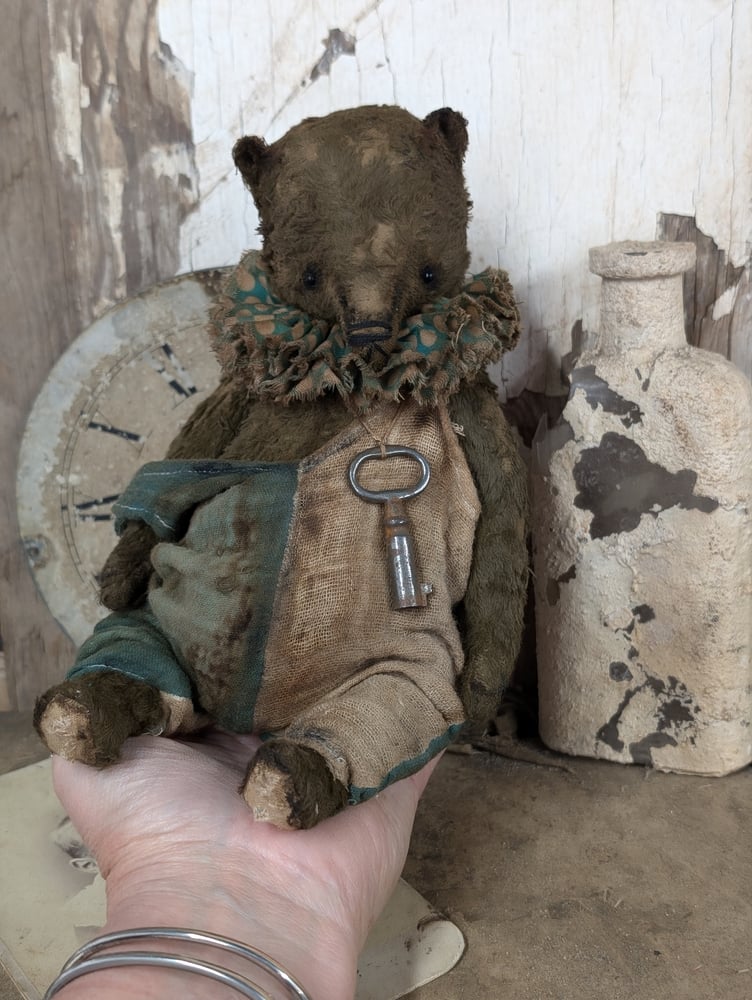 Image of 9"  Old Vintage Carnival Teddy Bear w/ aged handmade romper outfit -by Whendi's Bears