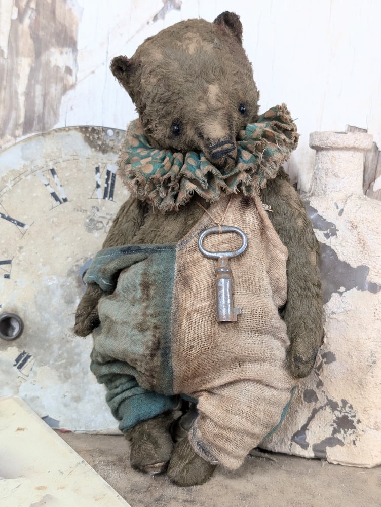 Image of 9"  Old Vintage Carnival Teddy Bear w/ aged handmade romper outfit -by Whendi's Bears