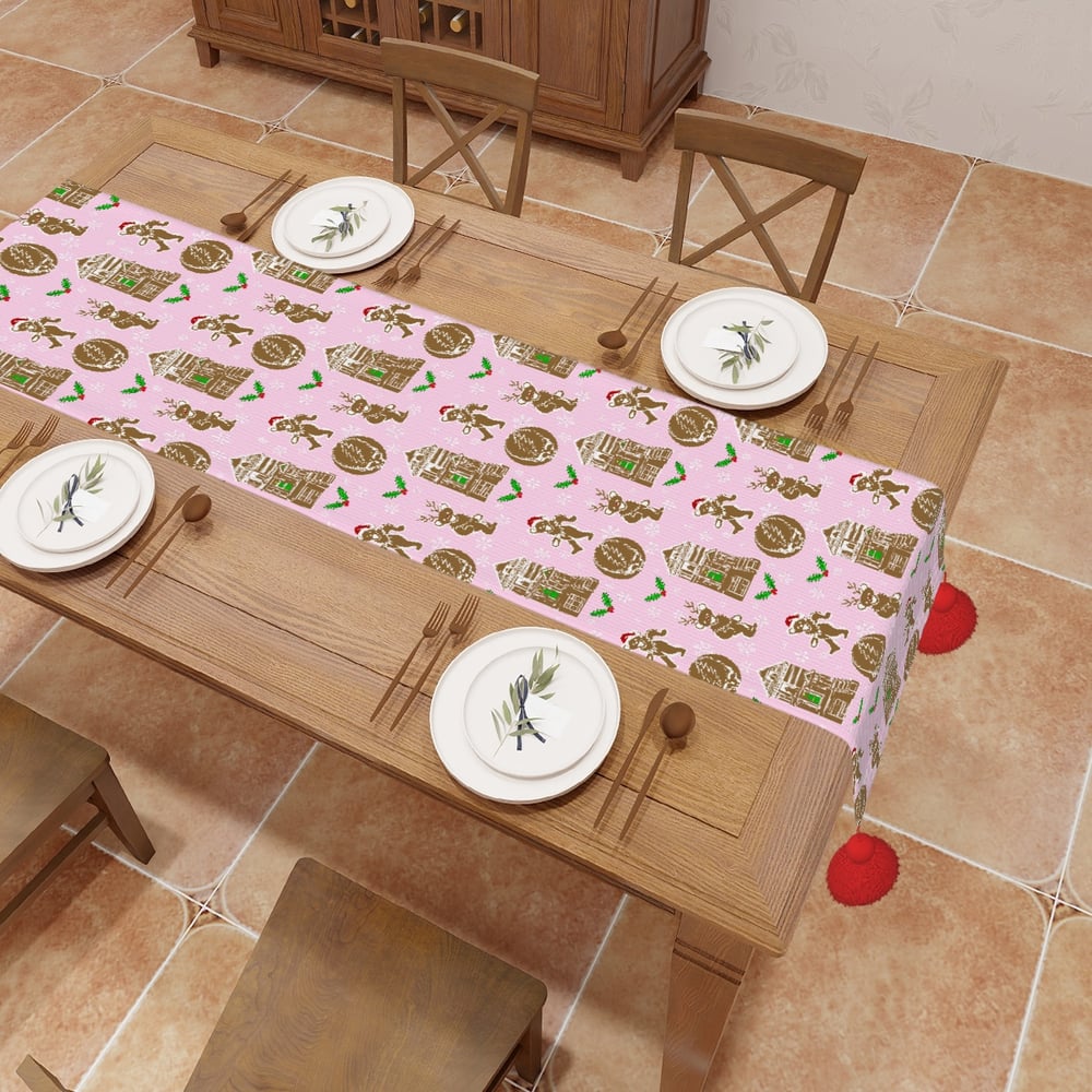 Image of “How Sweet it is” Gingerdead cookie table runner with Pom poms 