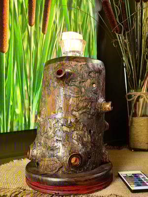 Image of Rustic Spruc Log LED light with Votice Glass Holder and Candle, Rustic Decor, unique funcational art