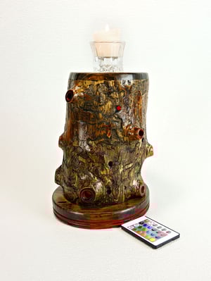 Image of Rustic Spruc Log LED light with Votice Glass Holder and Candle, Rustic Decor, unique funcational art