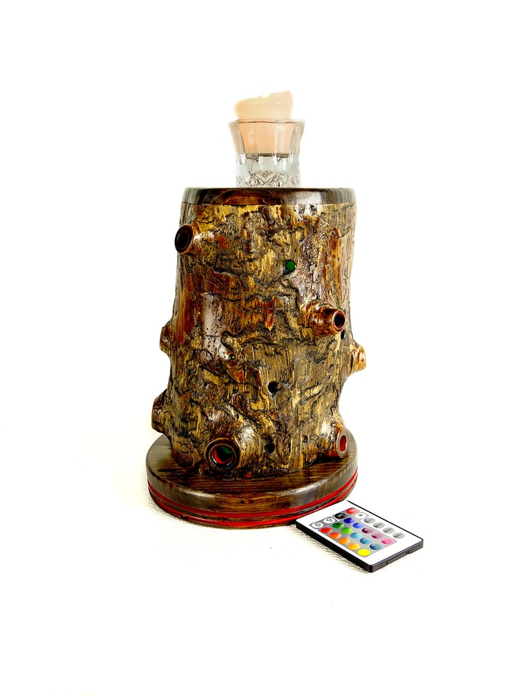 Image of Rustic Spruc Log LED light with Votice Glass Holder and Candle, Rustic Decor, unique funcational art