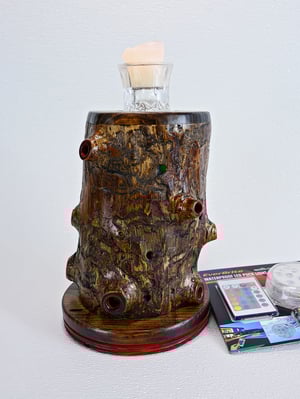 Image of Rustic Spruc Log LED light with Votice Glass Holder and Candle, Rustic Decor, unique funcational art