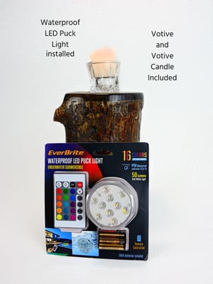 Image of Rustic Spruc Log LED light with Votice Glass Holder and Candle, Rustic Decor, unique funcational art
