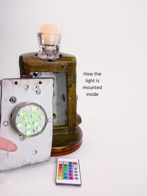 Image of Rustic Spruc Log LED light with Votice Glass Holder and Candle, Rustic Decor, unique funcational art