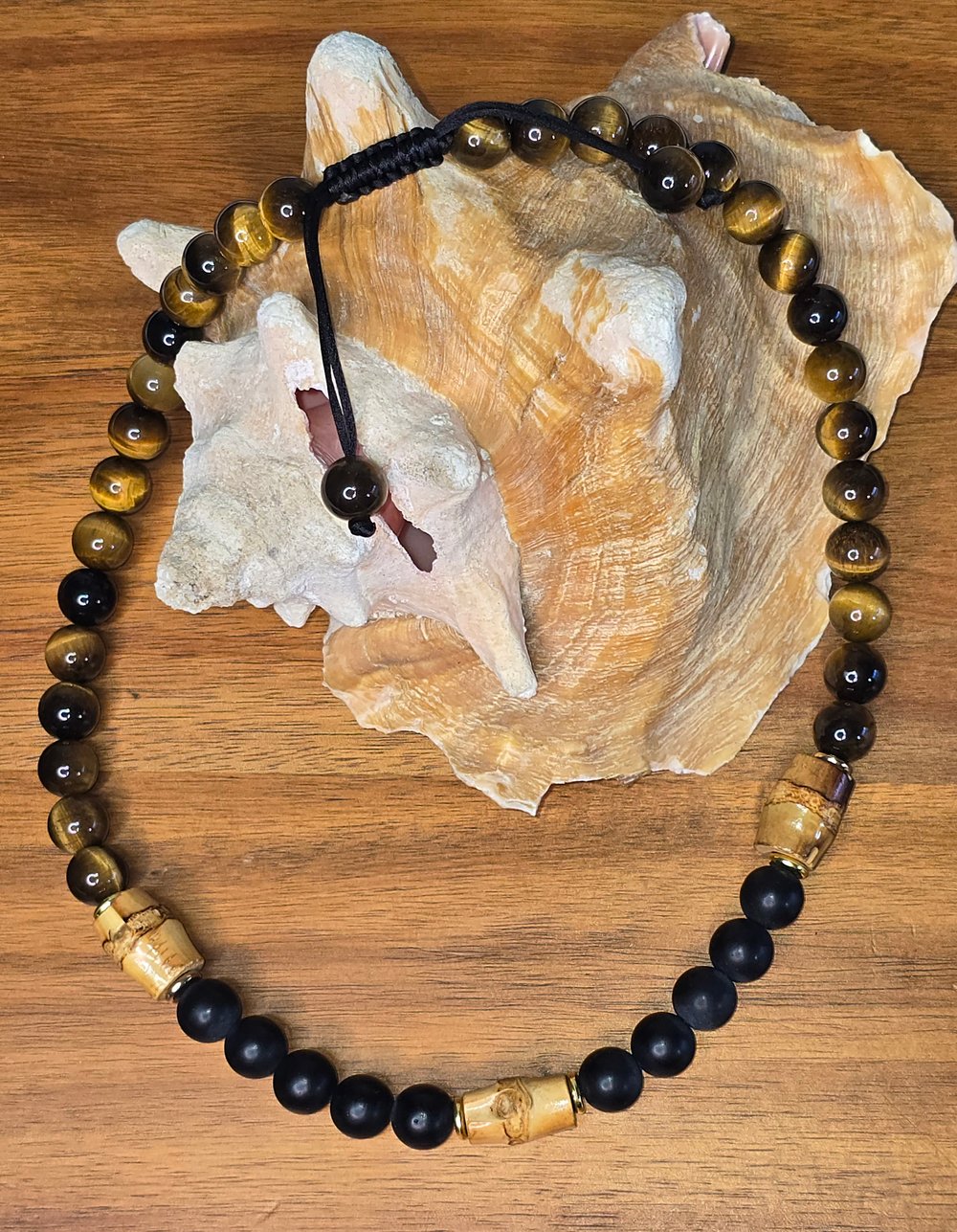 Image of Tigers eye, onyx chakra adjustable necklace with wood accents